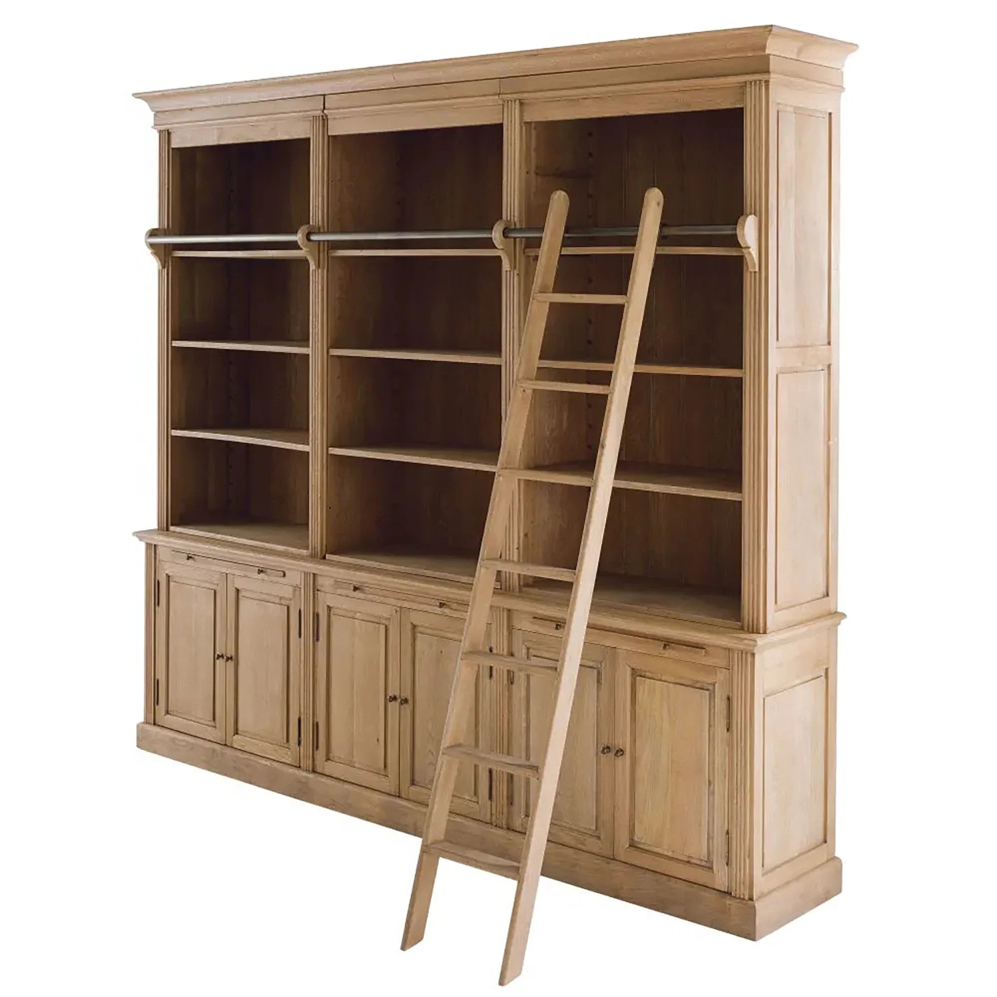 Antique Oak Wood Executive Three-Section Bookcase Wall with Rolling Ladder