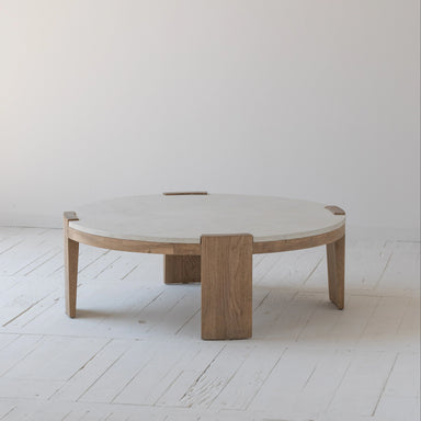 Artisan Round Concrete Coffee Table, Natural Oak Legs, Modern Industrial Design