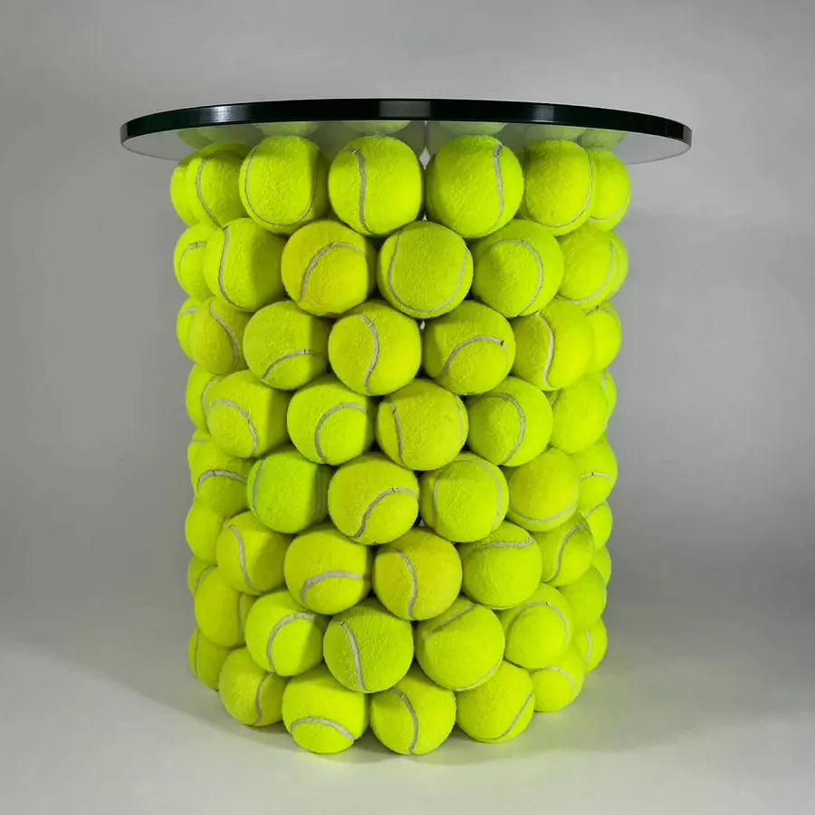 Chic Round Tempered Glass Coffee Table, Unique Tennis Ball Design Base