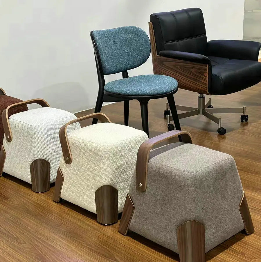 Chic Fabric Square Ottoman Stool - Solid Walnut Wood Portable Bench