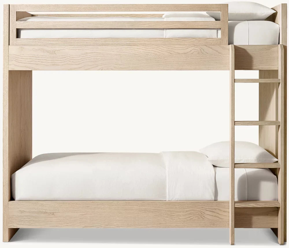 High-Quality Solid Oak Wood Kids Bunk Bed with Ladder, Double Loft Design