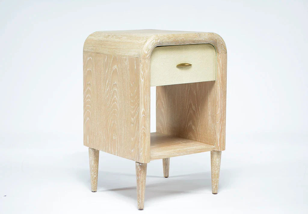 Elegant Cerused Oak Bedside Table: Rounded Frame, Tapered Legs, Single Drawer Nightstand