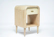Elegant Cerused Oak Bedside Table: Rounded Frame, Tapered Legs, Single Drawer Nightstand