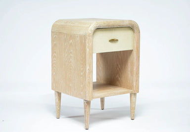 Elegant Cerused Oak Bedside Table: Rounded Frame, Tapered Legs, Single Drawer Nightstand