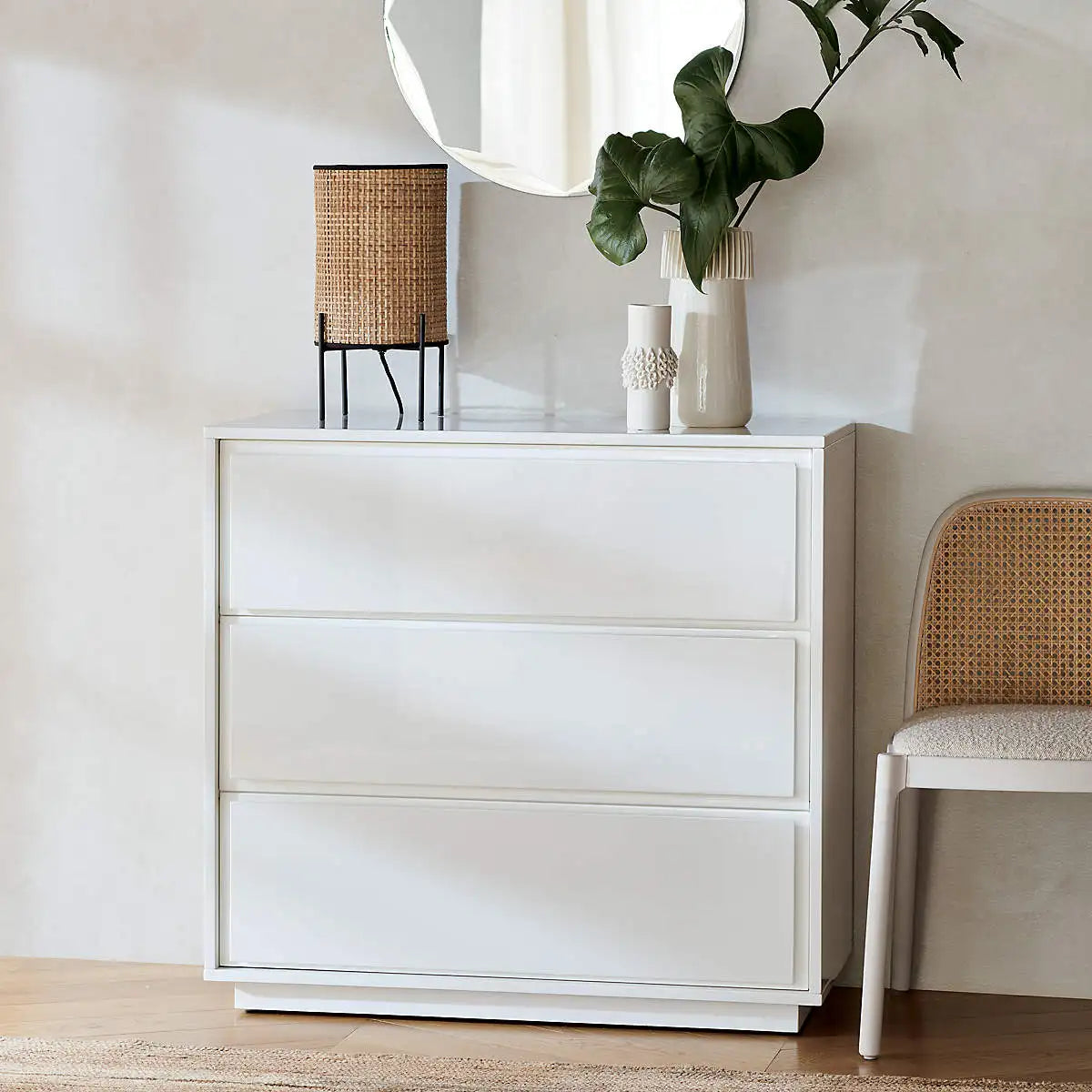 Chic Solid Oak Wood Rattan Armless Dining Chair with Boucle Seat