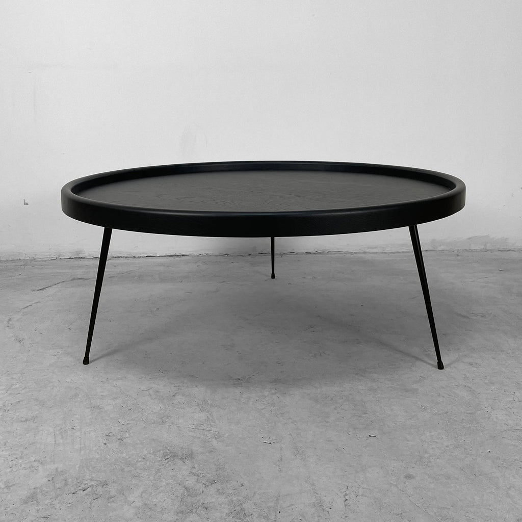 High-Quality Round Solid Oak Wood Coffee Table Black Metal Legs Durable Design