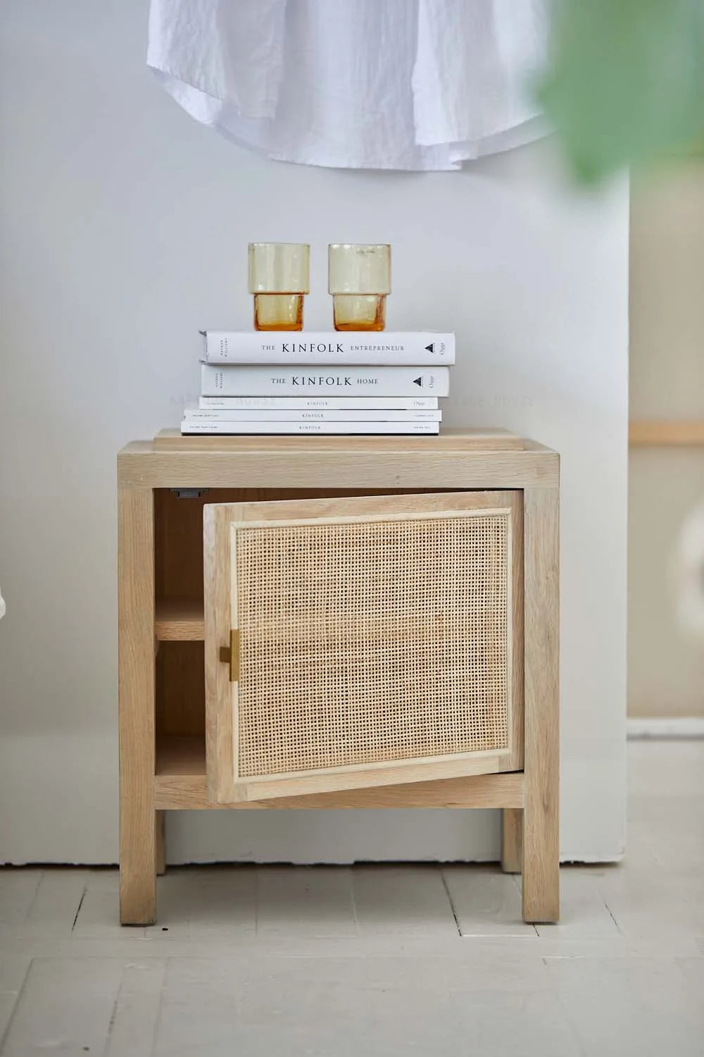 Boho Rattan Oak Wood Nightstand Bedside Table with French Country Charm