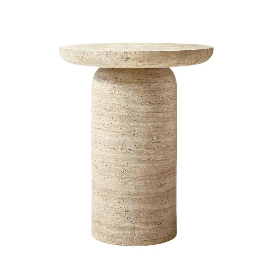Elegant Carved Round Travertine Marble Accent Sofa Side Table