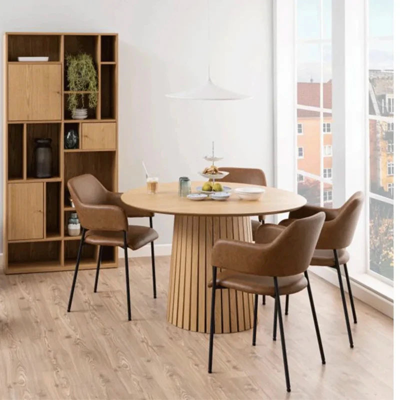 Modern Round Oak Wood Dining Table, Slatted Base, Event Ready, Natural Color