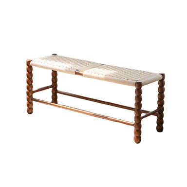 Elegant Bobbin Bench: Natural Oak Wood Woven Rattan Cane Footstool