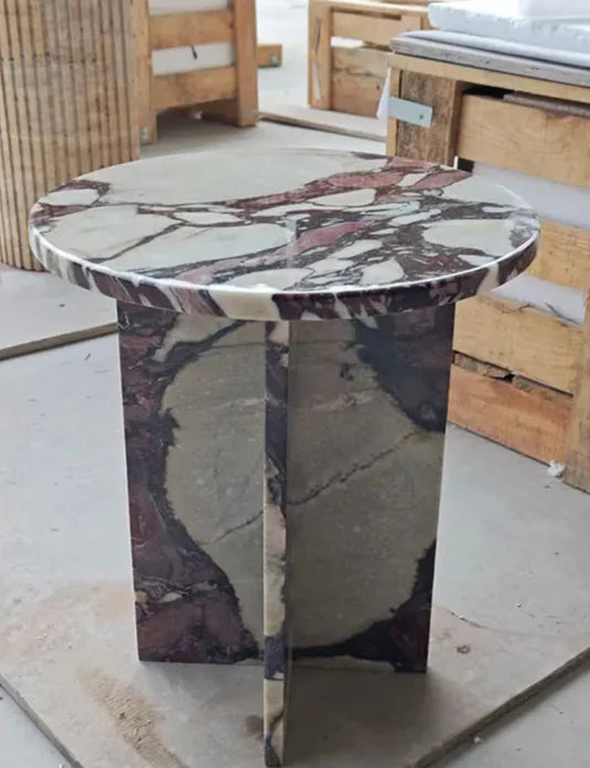 Elegant Italian Red Calacatta Viola Marble Round Side Table for Living Room