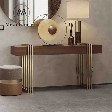 Modern Handcrafted Walnut Wood and Gold Entrance Hallway Console Table