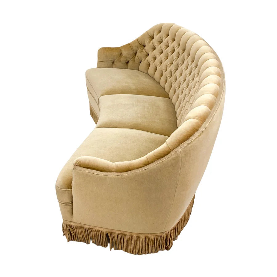 Luxurious French Velvet Curved Button Tufted Three-Seater Salon Sofa