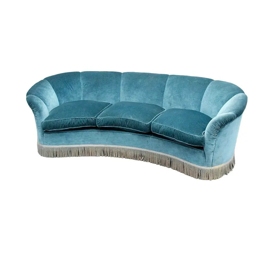 Elegant Tufted Blue Velvet Three-Seater Shell Design Living Room Sofa