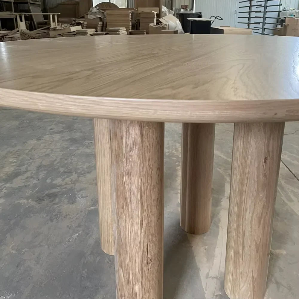 Modern Solid Oak Round Dining Table with Cylinder Legs - Stylish Home Furniture
