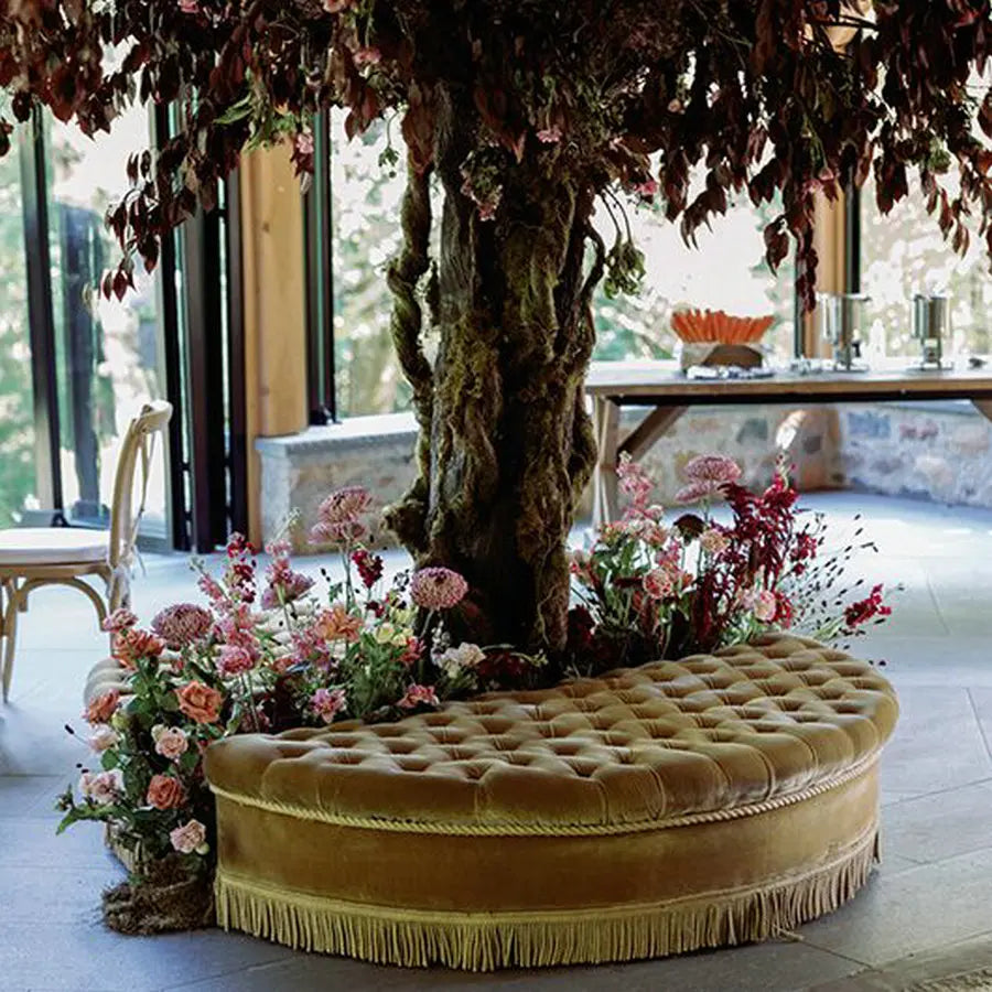 Luxurious Gold Velvet Circular Sofa with Fringe & Tufted Back for Elegant Living Spaces