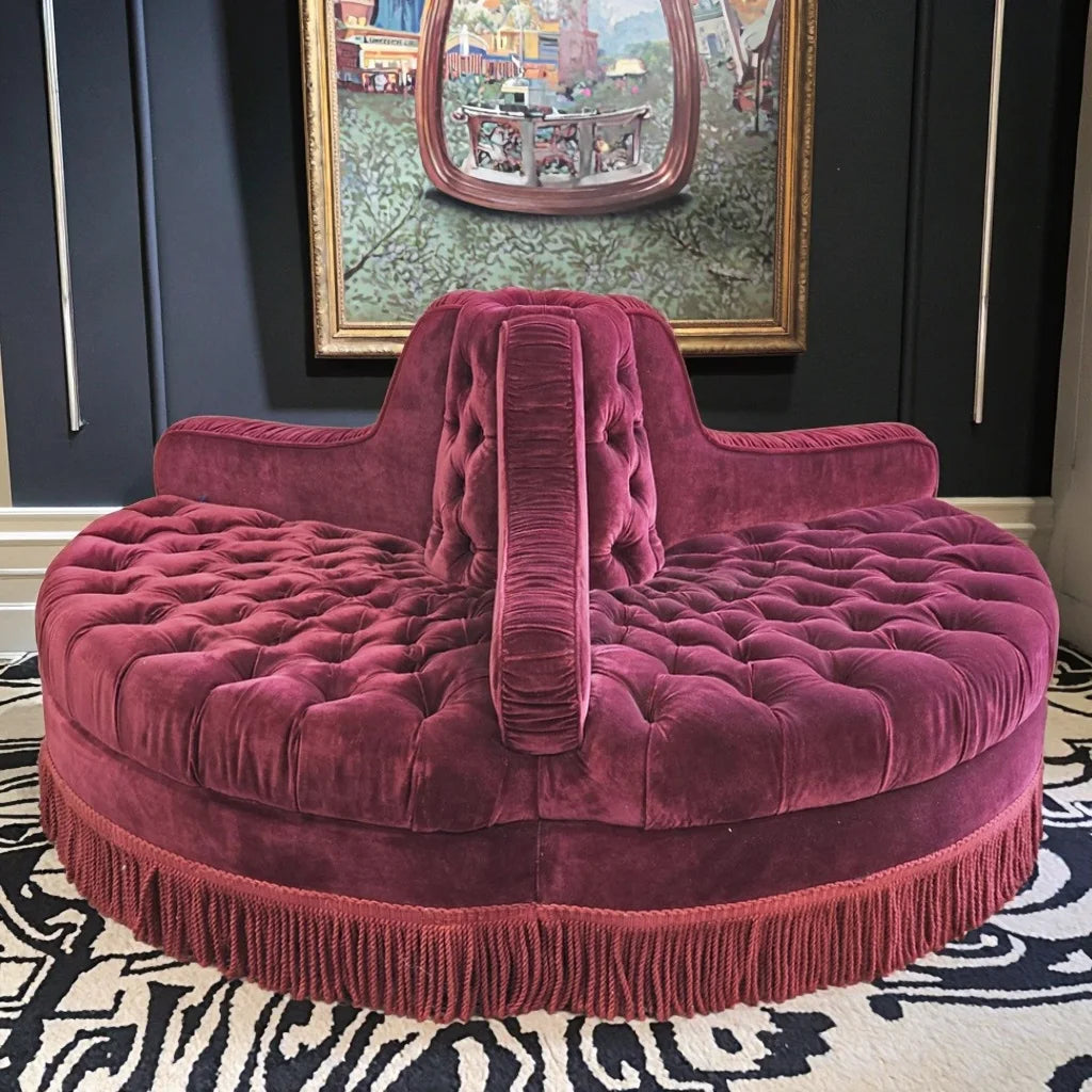 Luxurious Red Velvet Button Tufted Round Conversation Sofa with Tassels Fringes
