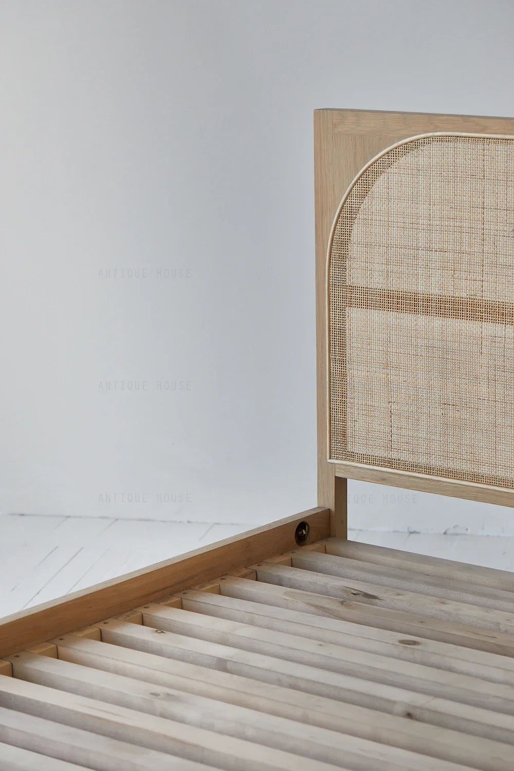 Rustic Boho Oak Rattan Wooden Double Bed Frame for Organic Bedroom Furniture