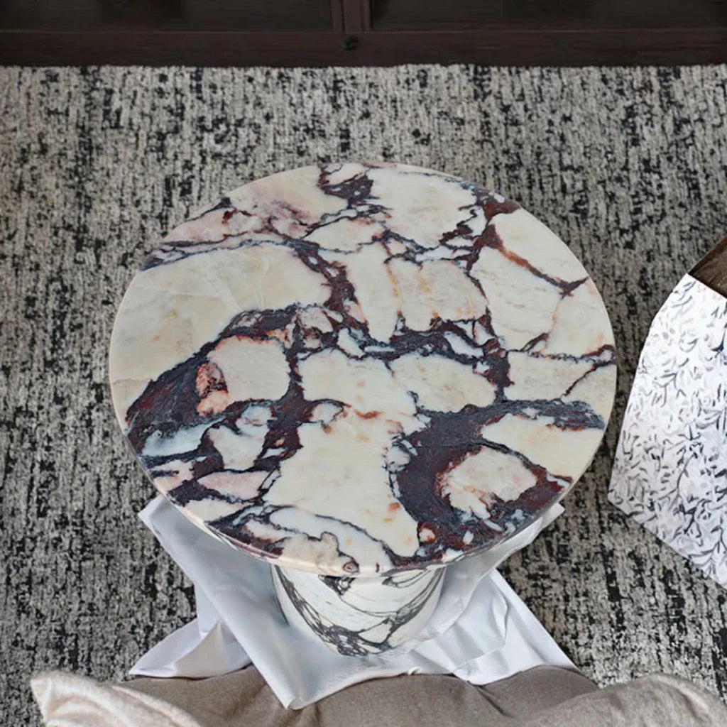 Elegant Italian Red Calacatta Viola Marble Round Side Table for Living Room
