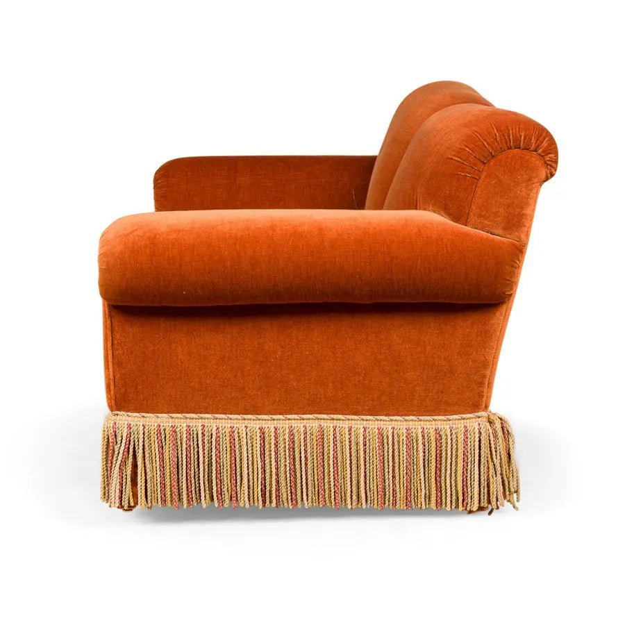 Mid-Century American Rust Velvet Fringed Sofa for Elegant Living Spaces