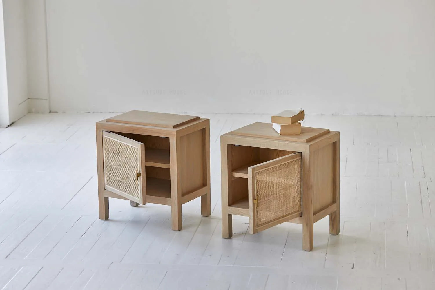 Boho Organic Japandi Oak Rattan Bedside Cabinet - Rustic Bedroom Wood Nightstand