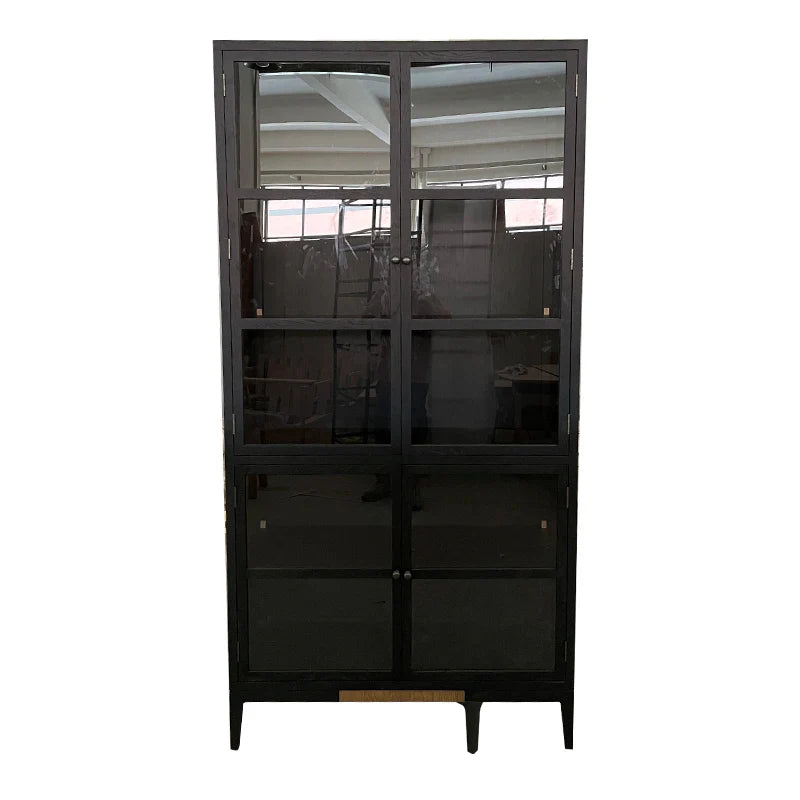 Elegant Black Oak Glass Display Cabinet for Living Room Storage & Decor