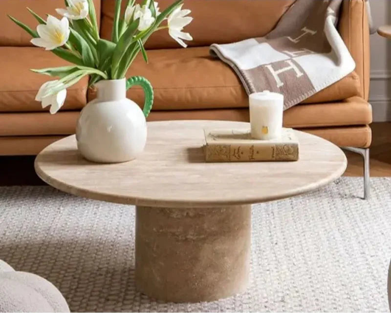 Premium Solid Natural Beige Travertine Round Coffee Table for Chic Interiors