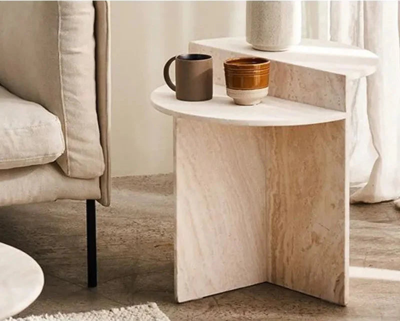 Tostone Modern Travertine Stone Side Table - Elegant Rice White Accent Furniture