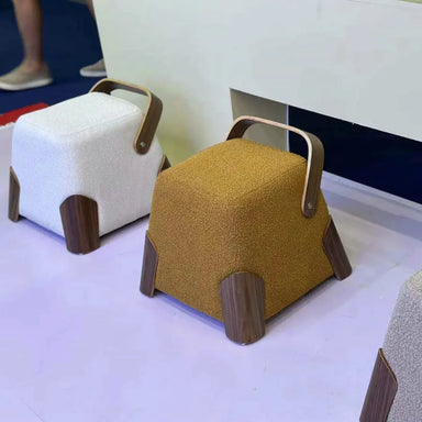 Chic Fabric Square Ottoman Stool - Solid Walnut Wood Portable Bench