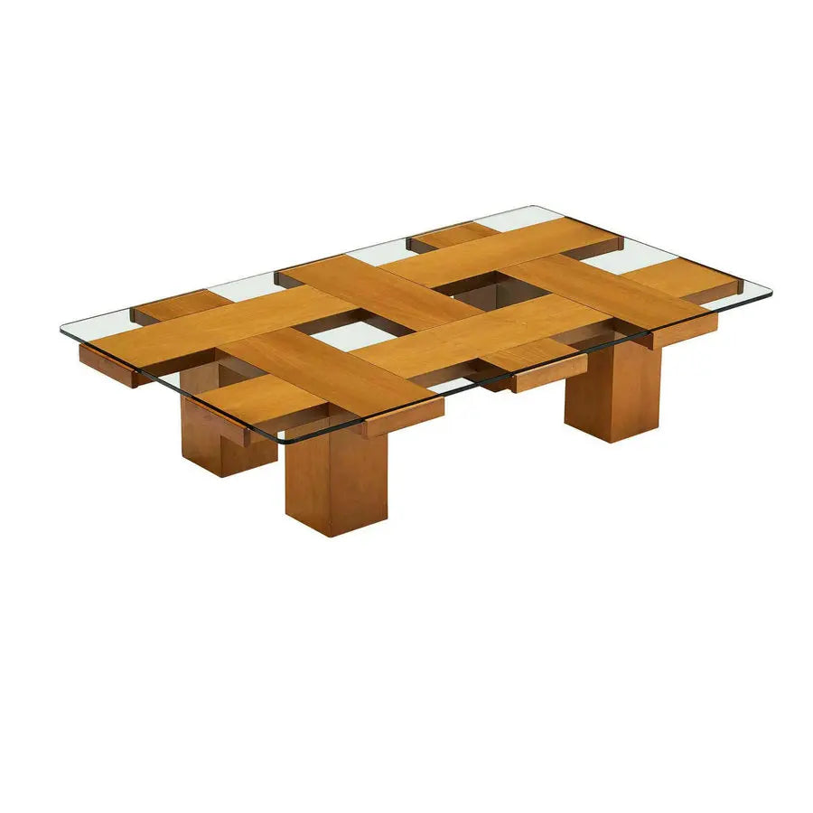 Elegant Mid-Century Walnut Wood Rectangular Glass Top Hotel Coffee Table