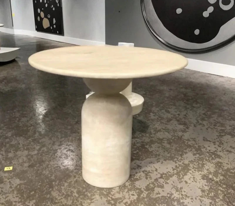 Elegant Beige Travertine Side Table: Modern Natural Stone Accent Furniture