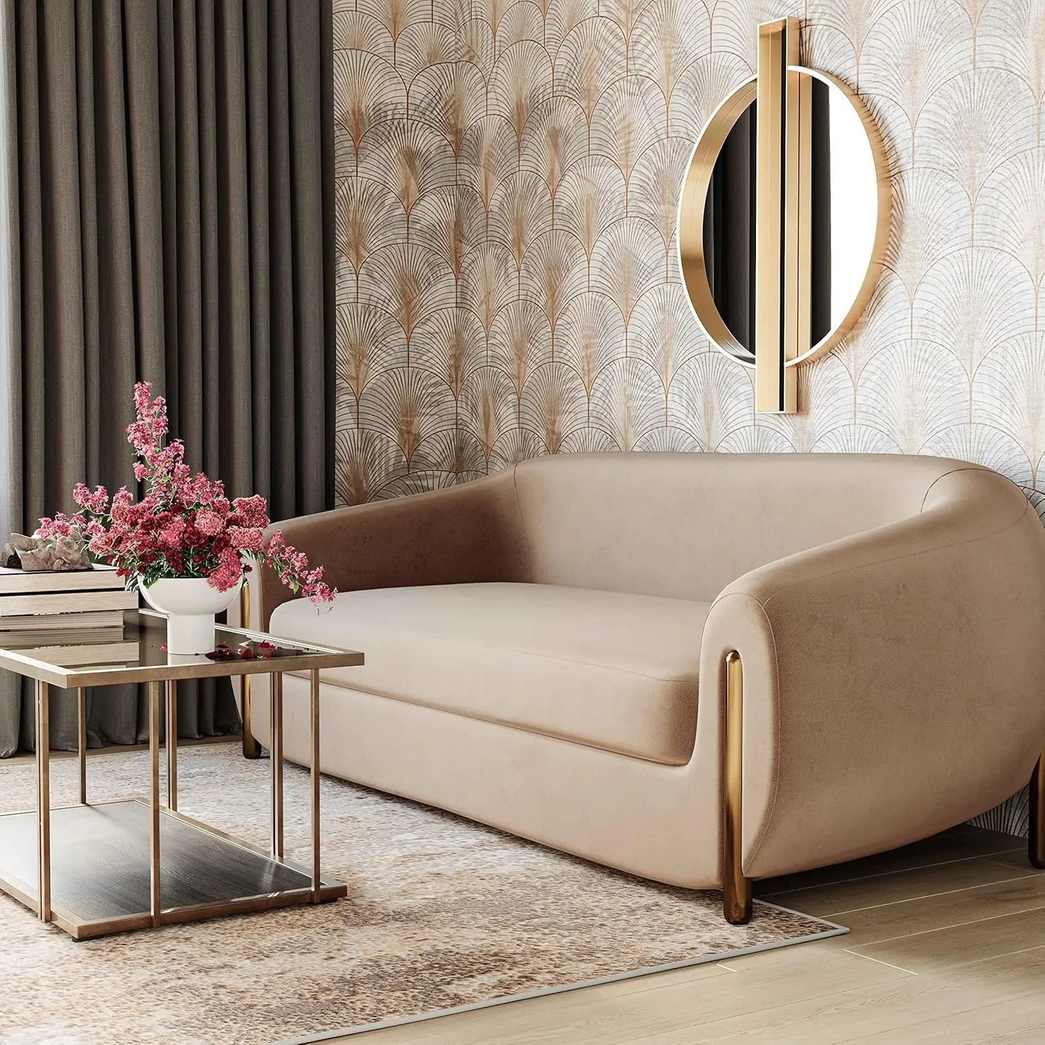 Luxurious Brown Velvet Sofa, Modern Upholstery Design, Comfortable Living Room Couch