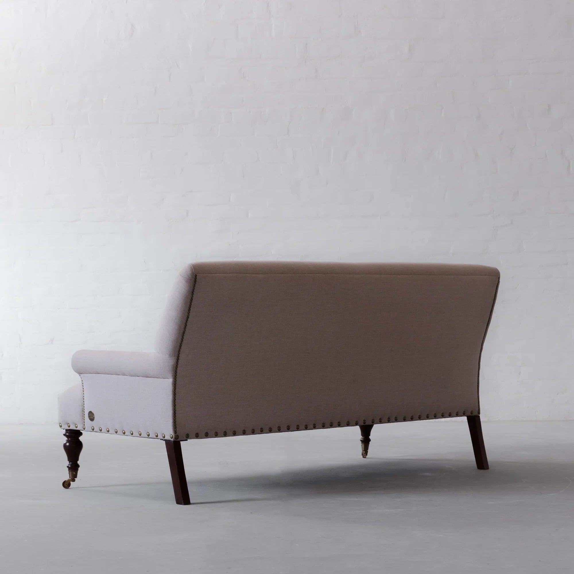 Elegant French Carved Oak Linen 2-Seater Sofa with Nailhead Trim