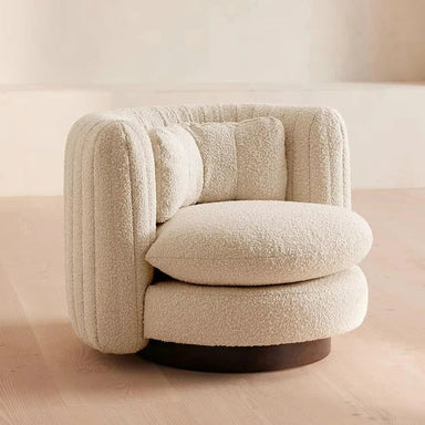 Elegant Boucle Swivel Armchair: Wooden Frame, Curved Tub Design, Plush Comfort