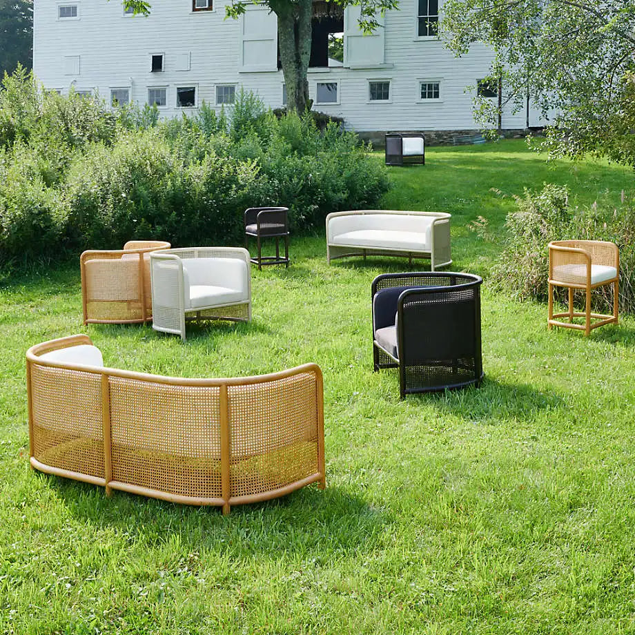 Elegant Rattan Cane Settee Sofa, White Cushion, Solid Oak Wood Frame
