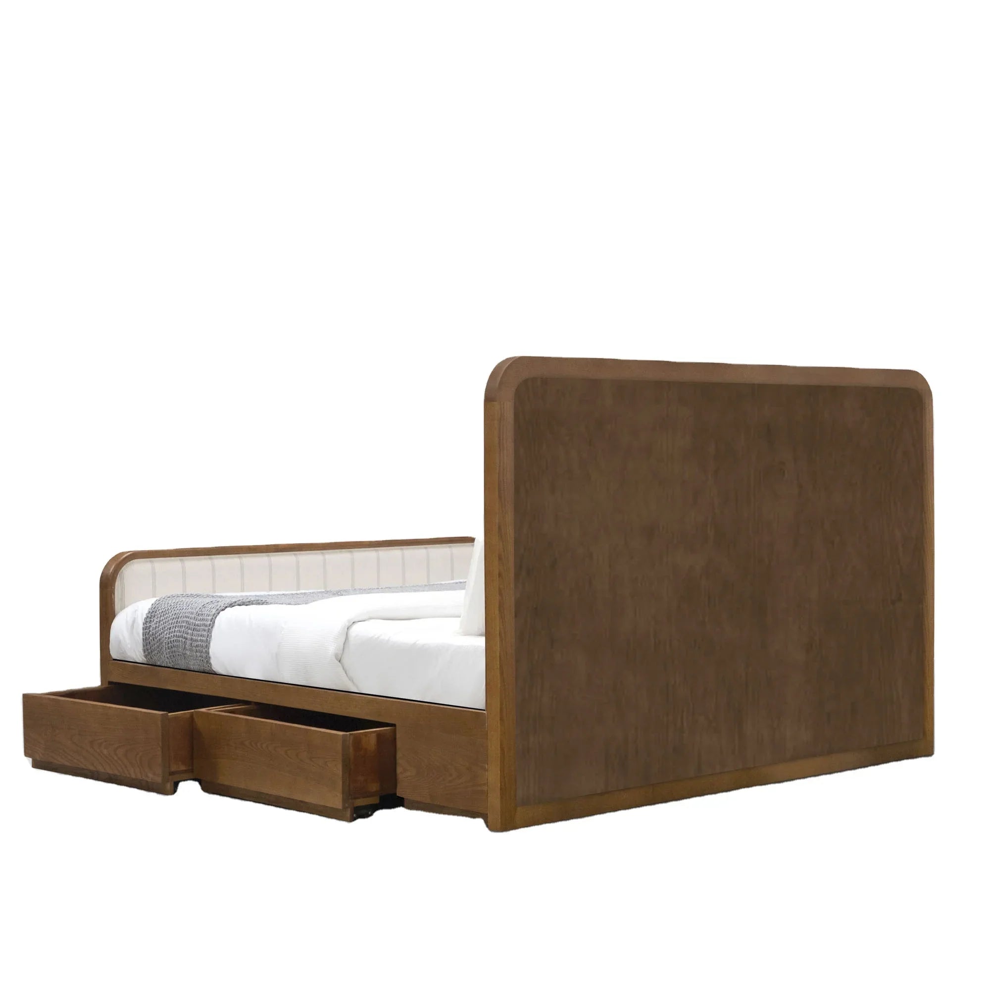 King Size Linen Upholstered Bed Frame, Solid Oak Storage, Rounded Design