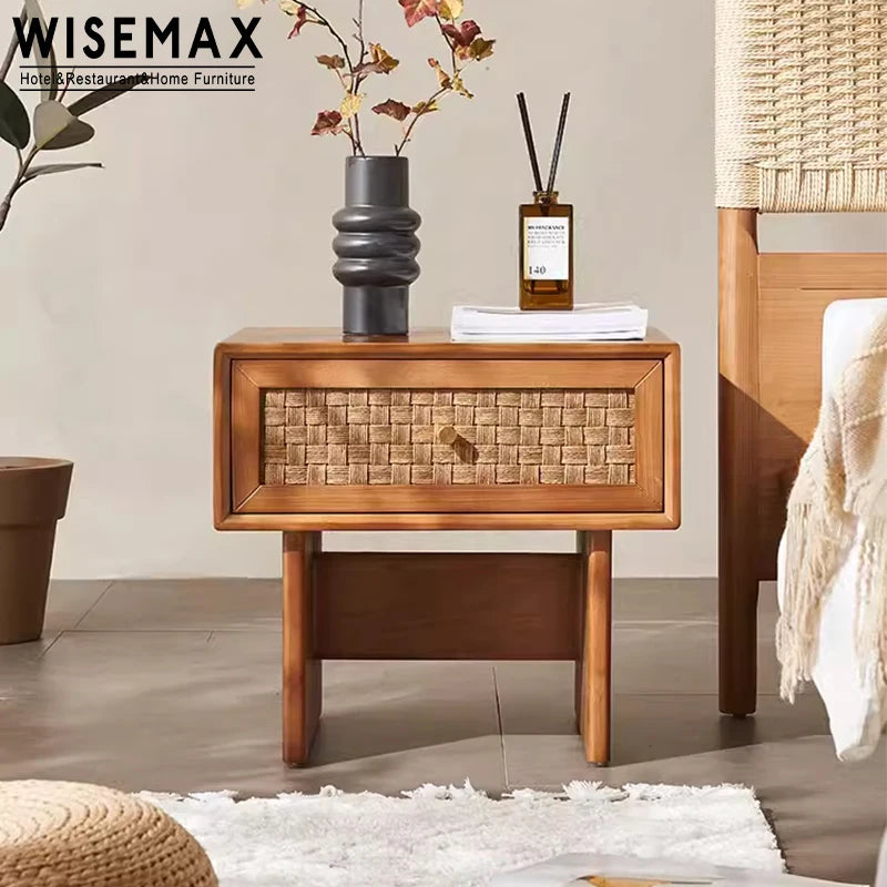 Exquisite Ash Wood Rattan Nightstand Modern Design Luxury Bedroom Side Table