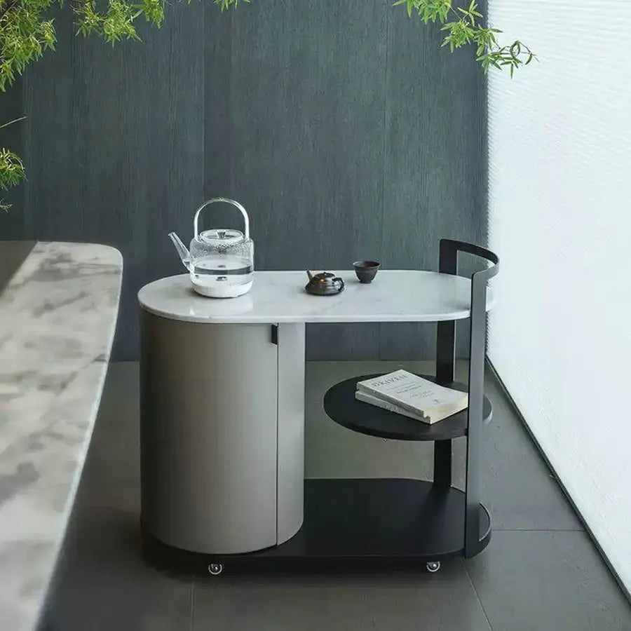 Modern Round Marble Coffee Table with Storage, Metal Frame Tea Table