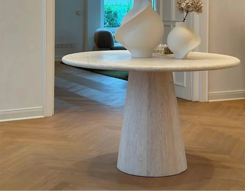 Sophisticated Beige Travertine Round Dining Table for Modern Kitchens and Homes