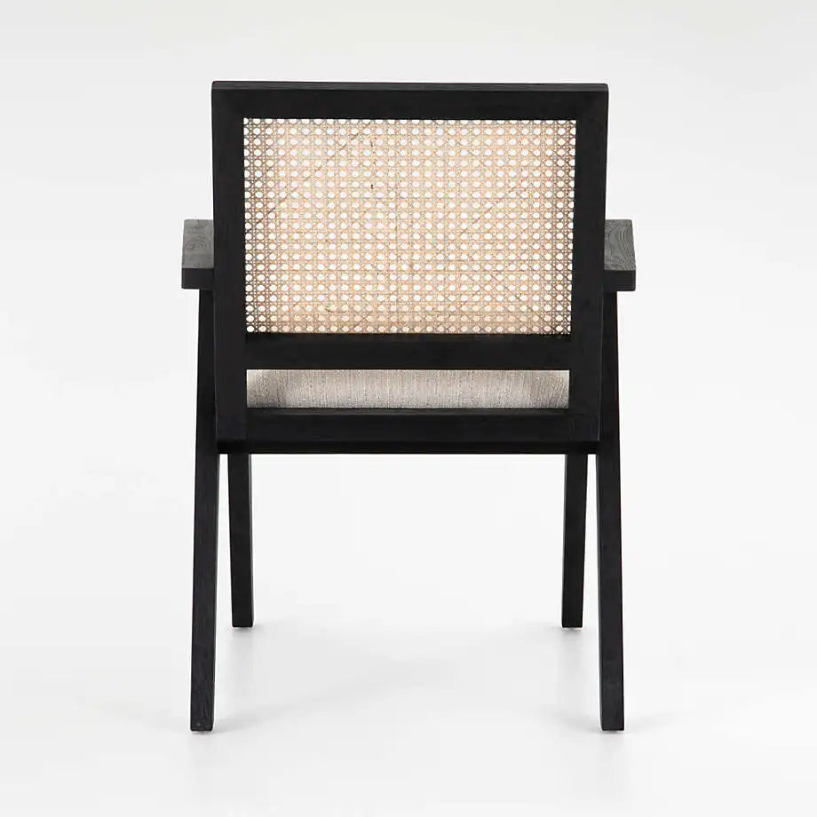 Chic Black Oak Cane Rattan Dining Chair with Upholstered Armrests