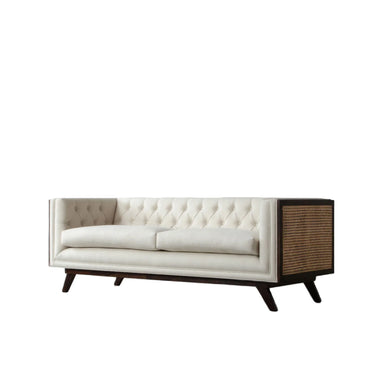 Luxurious Solid Oak Wood Rattan Chesterfield Fabric Sofa Three-Seater