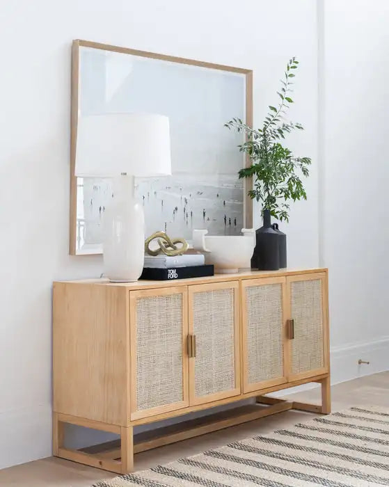 Stylish Oak & Cane Living Room Buffet Cabinet Storage Sideboard