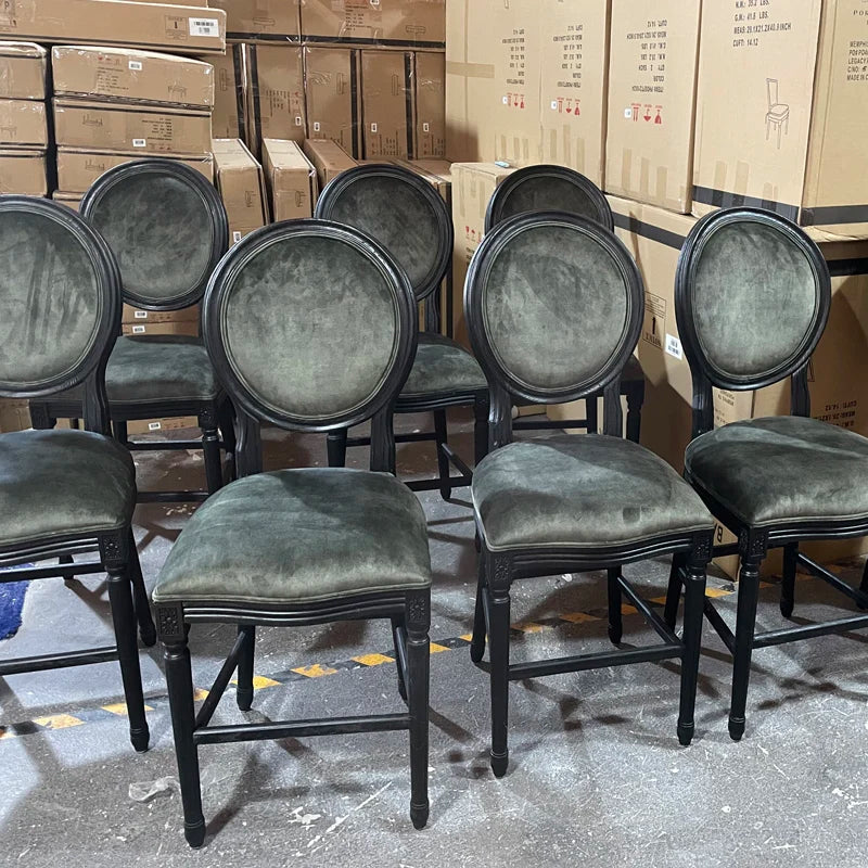 French Classic Solid Oak Louis Velvet Bar Stool Dining Chair