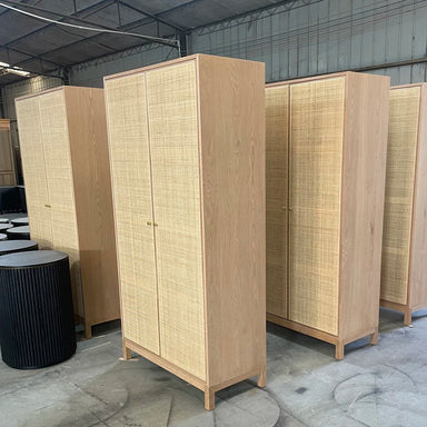 Modern Rattan Wine Bar Cabinet, Two-Door Tall Storage, Solid Oak Wood