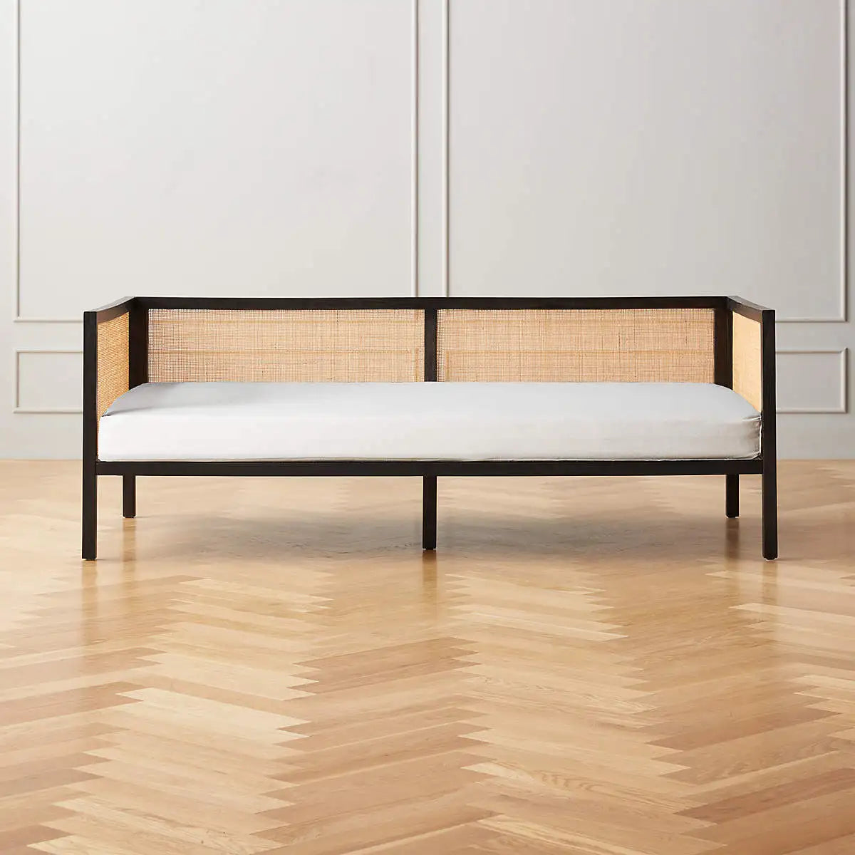 Chic Boho Black Natural Rattan Cane Back Daybed Sofa with Cushion Cover