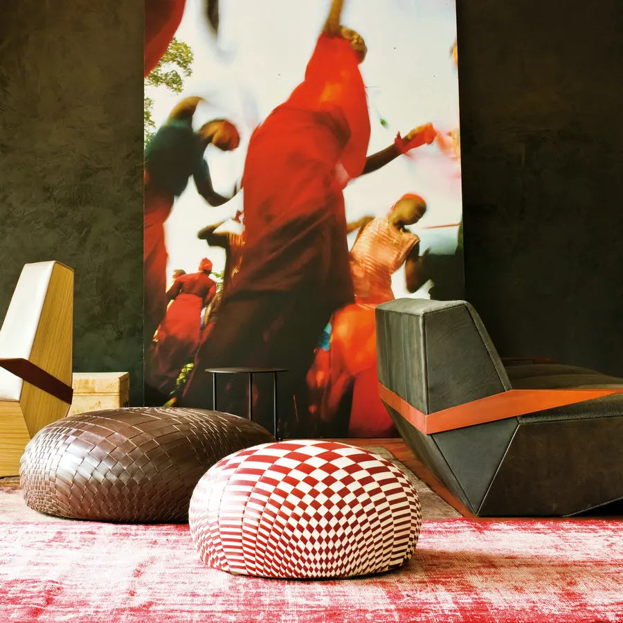 Modern Woven Faux Leather Ottoman Stool, Round Cushioned Public Area Seating