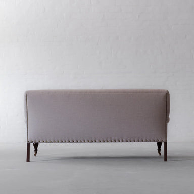 Elegant French Carved Oak Linen 2-Seater Sofa with Nailhead Trim