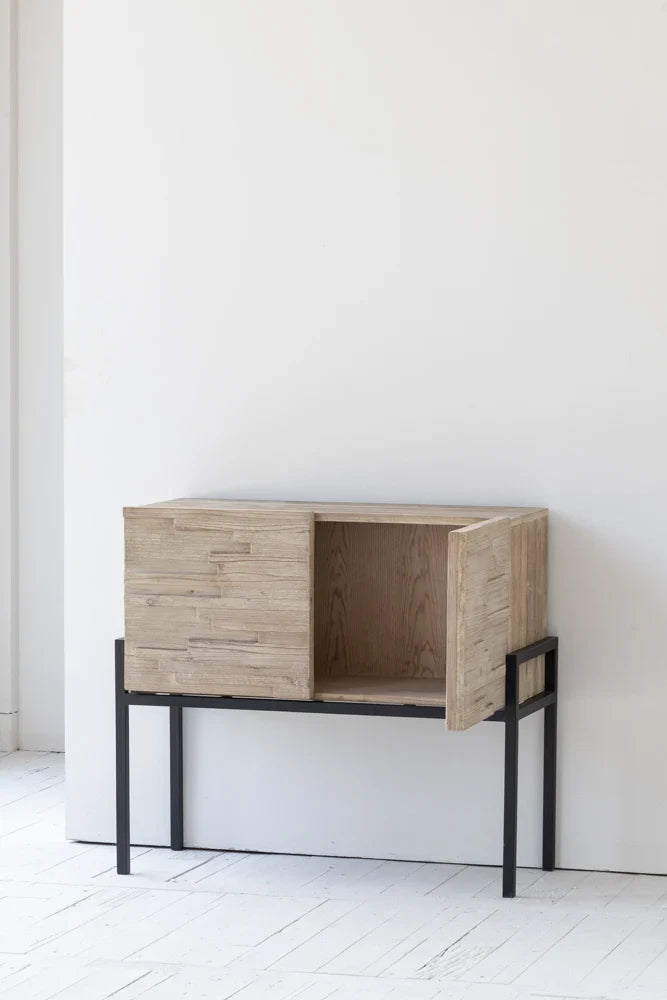 Japandi Recycled Pine Steel Sideboard: Rustic Wood Accent Cabinet for Living Room
