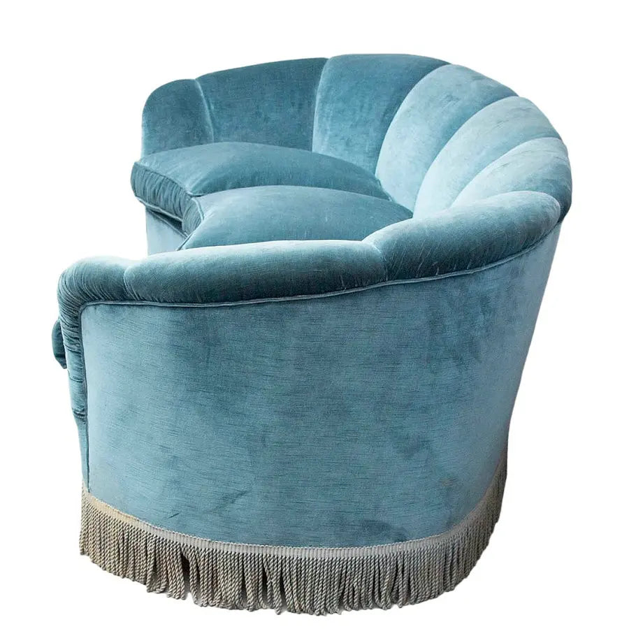 Elegant Tufted Blue Velvet Three-Seater Shell Design Living Room Sofa