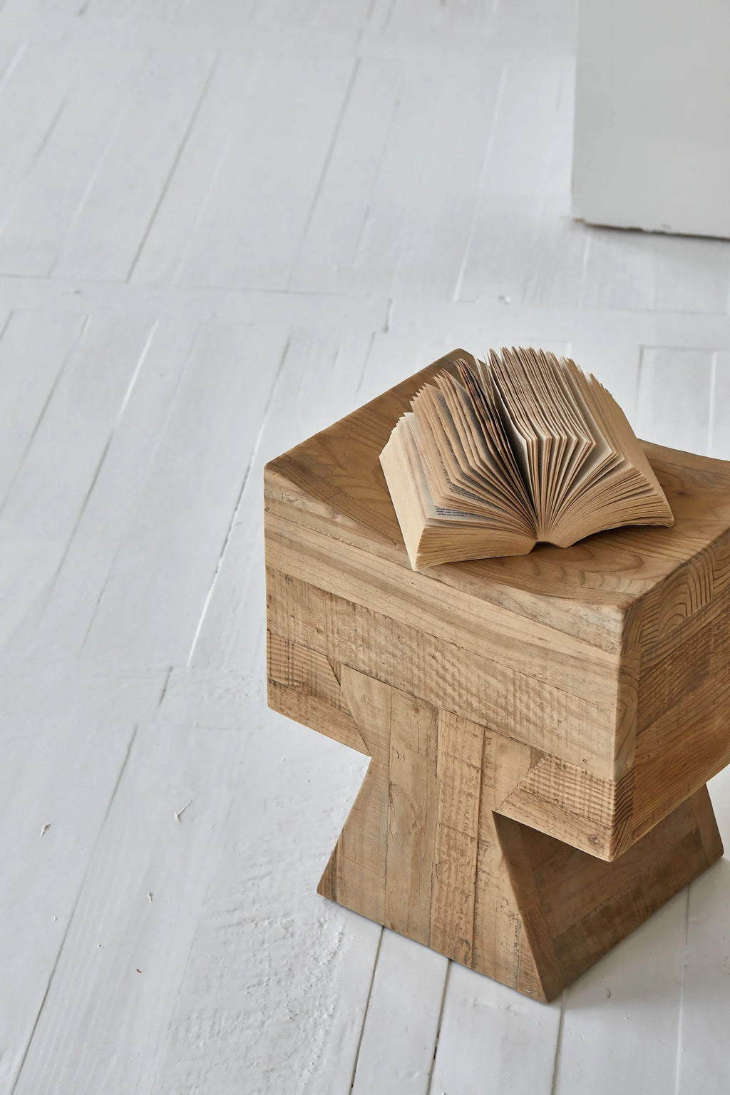 Natural Brushed Recycled Wood Foot Stool for Living Room Furniture
